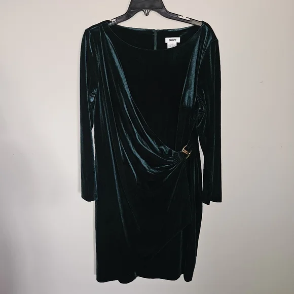 NWOT DKNY Long Sleeve Ruched Bodice Faux Wrap Velvet Midi Dress:Hunter Green: 16 - Picture 4 of 13